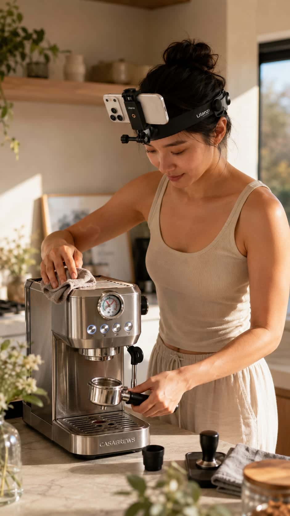 A woman wearing a head-mounted phone wipes down an espresso machine