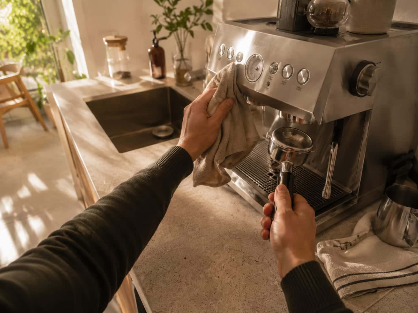 First-person view: hands wiping an espresso machine and holding the portafilter