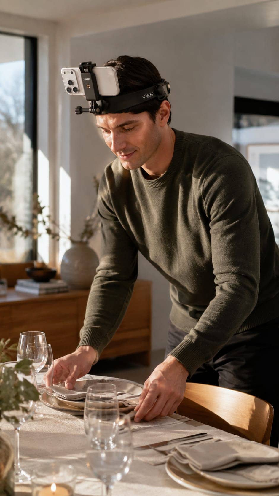 A man wearing a head-mounted phone sets a dining table in a sunlit room