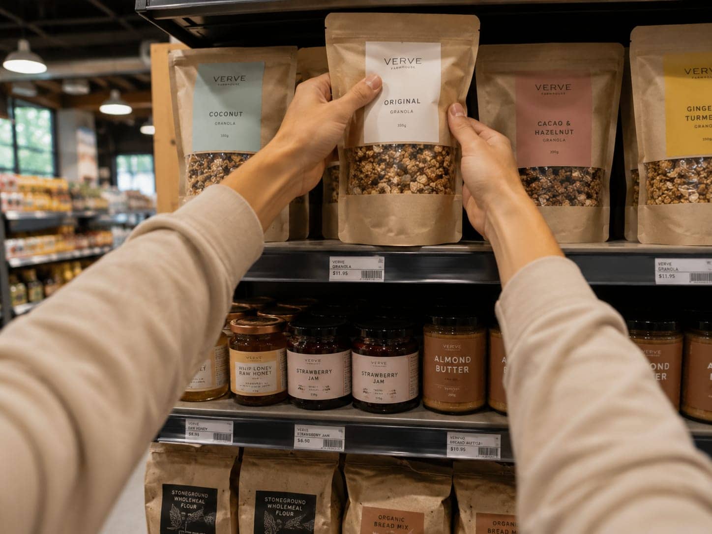 First-person view of hands placing a granola bag on a grocery shelf